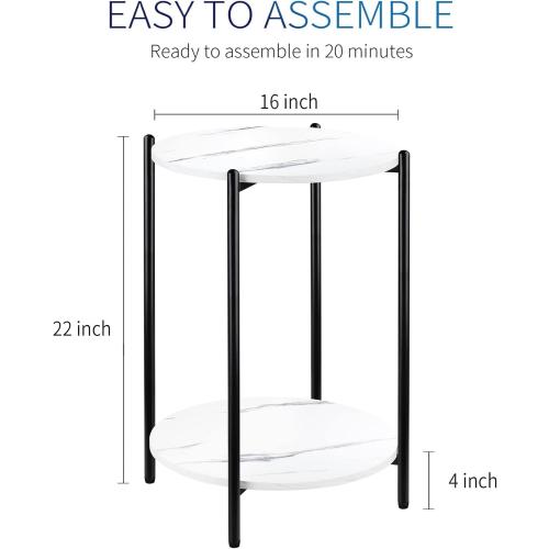 Faux Marble End Table White Black Side Table Marble Nightstand for Living Room or Bedroom Modern Accent Table with Black Metal Frame (1 pcs Black, Round)