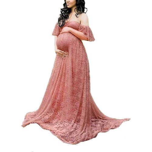 Size L Maternity Photography Props Floral Lace Dress Fancy Pregnancy Gown for Baby Shower Photo Shoot