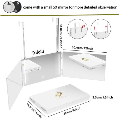 LED 3 Way Mirror to See Back of Head 360 Mirror for Women for Braiding Hair Telescoping Hooks Anti-Fog HD Glass Three Way for Self Hair Cutting Makeup Trifold