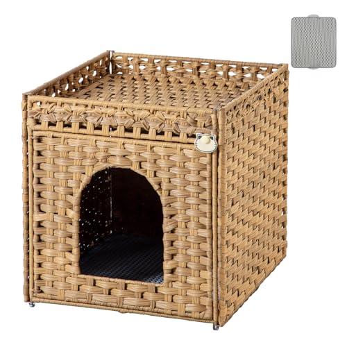 SETVSON Cat Litter Box Enclosure Furniture, Hidden PE Rattan, Natural | PE Rattan Kitty House with Top Fence, Fits Standard Litter Box, Included Litter Mat, 2 S-Hooks, Sturdy Metal Frame