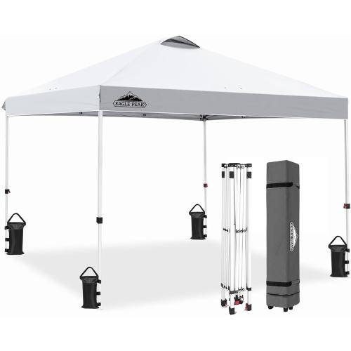EAGLE PEAK Pop Up Canopy Tent with Wheeled Carry Bag, 8 Stakes, 4 Ropes, 4 Weight Bags, Easy Set Up Tent Canopy, 10x10 ft, 100sqft of Shade, White