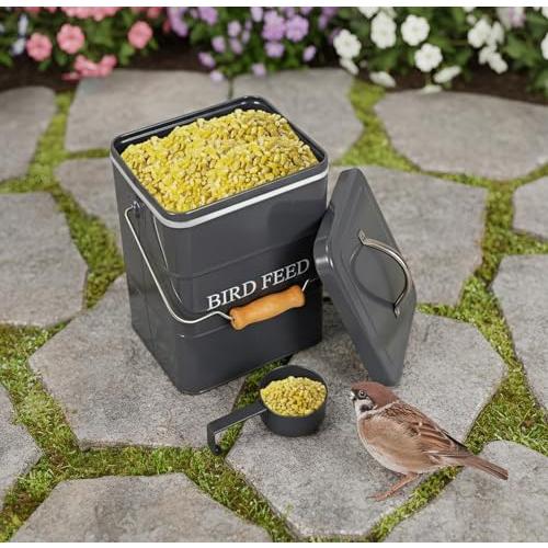 Bird Seed Storage Container Airtight,5~6LB Metal Bird Food Container with Scoop,Wild Birds Feed Tin for Storing Sunflower Seed-Ideal for Outdoor or Indoor-Squirrel proof-Gray