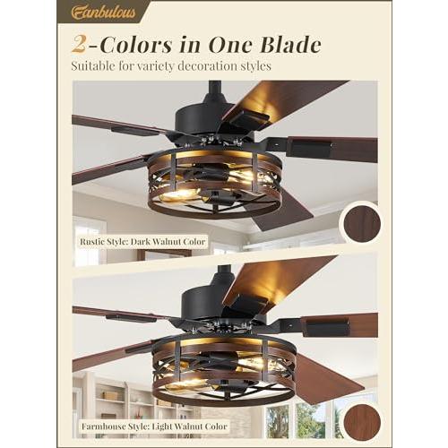 BLACK Farmhouse Ceiling Fans with Light, 48 Inch Bedroom Ceiling Fan with Lights, 6-Speed Adjustable, Quiet and Reversible DC Motor, Dual Finish 5 Blades, Rustic Caged Ceiling Fan for Living Room