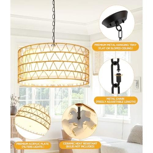20 Rattan Chandelier Farmhouse Light Fixtures, 5-Light Boho Chandeliers for Dining Room, Fabric Lamp Shade for Living Room, Bedroom, Hallway Rattan Pendant Light Fixture, E26 (no test)