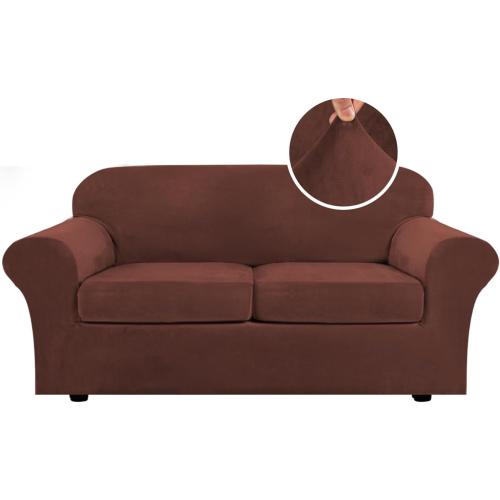 H.VERSAILTEX Real Velvet Plush 3 Piece Stretch Sofa Covers Couch Covers for 2 Cushion Couch Sofa Slipcovers Width Up to 90 Inch Feature Thick Soft Stay in Place (Sofa, Burnt Brick)