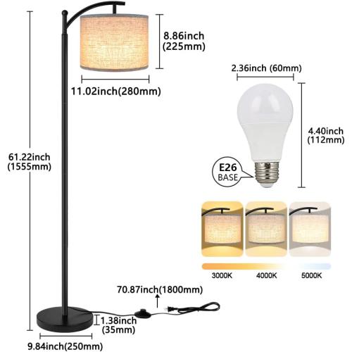 ROTTOGOON Floor Lamp for Living Room with 3 Color Temperatures LED Bulb, Standing Lamp Tall Industrial Floor Lamp Reading for Bedroom, Office (9W LED Bulb, Beige Lampshade Included) -Black