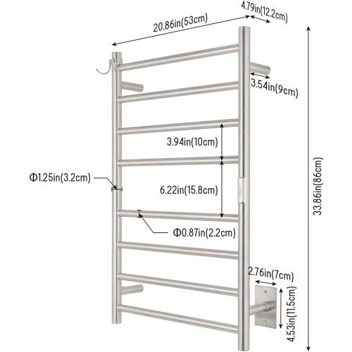 Wall Mounted Towel Warmer 8 Bars with Plug-in and Hardwired Options 3 Working Modes Brushed Stainless Steel 21” W 34” H