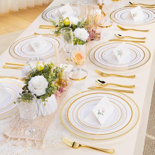 BESTSTAR 50 Pack 12 Inch Clear Charger Plates with Gold Rim | Disposable Plastic Table Decor Set for Party, Wedding, Dinner & Special Events