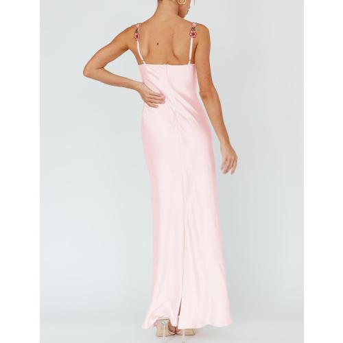 Size S Sexy Satin Spaghetti Strap Floral Embroidered Maxi Dress for Women Sweetheart Neckline Backless Sleeveless Slit Midi Dress