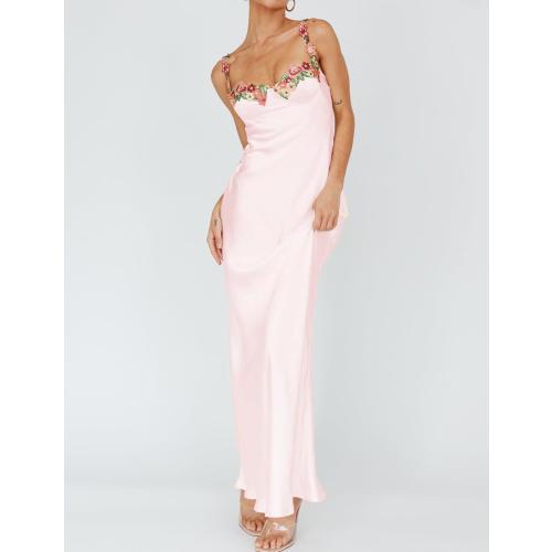 Size S Sexy Satin Spaghetti Strap Floral Embroidered Maxi Dress for Women Sweetheart Neckline Backless Sleeveless Slit Midi Dress