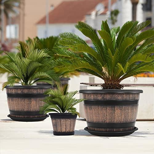 Quarut Plant Pots Set of 3 Pack 9 inch,Whiskey Barrel Planters with Drainage Holes & Saucer.Plastic Decor Flower Pots Imitation Wine Barrel Design,for Indoor & Outdoor Garden Home Plants (Brown)