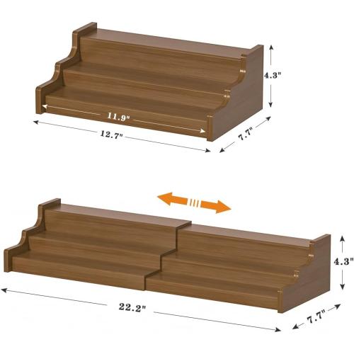 Bamboo Spice Rack Cabinet Organizer - 3 Tier Wooden Expandable Walnut Display Shelf