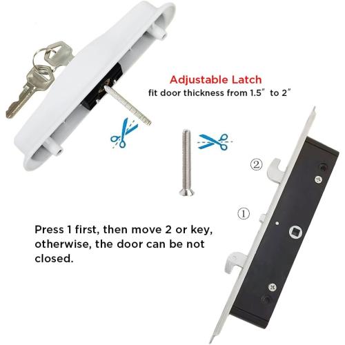 Sliding Patio Door Handle with Mortise Lock and keys, Key Cylinder and Keeper, 4-15/16 Hole Spacing, Reversible Design(Non-Handed), 4 15/16 Glass Door Replacement Handle Lock, Need to Drill (White)