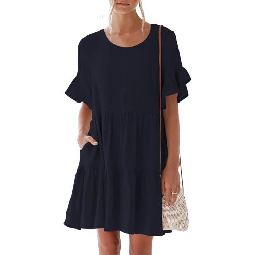 Size XL Color Dark Blue nclook Womens Summer Casual Dresses Sweet Cute Crew Neck Mini Dress with Pockets Ruffle Short Sleeve