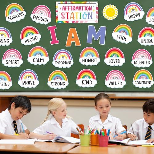 Frienda Rainbow Affirmation Station Bulletin Board Set Motivational Posters Classroom Mirror Growth Mindset Decor Positive Affirmations Accents Cutouts for School Office Home Teacher Wall Supply