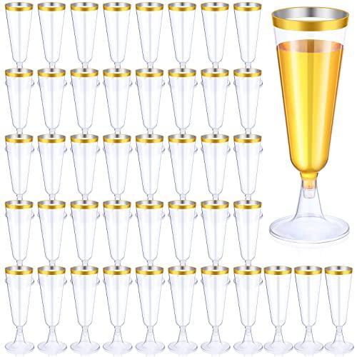 Thenshop 50 Pcs Plastic Champagne Flutes Disposable Champagne Glasses Bulk 5.5 oz Clear Mimosa Cocktail Cups with Rim Detachable Glasses for Wedding Party Birthday Anniversary(Gold, Clear)