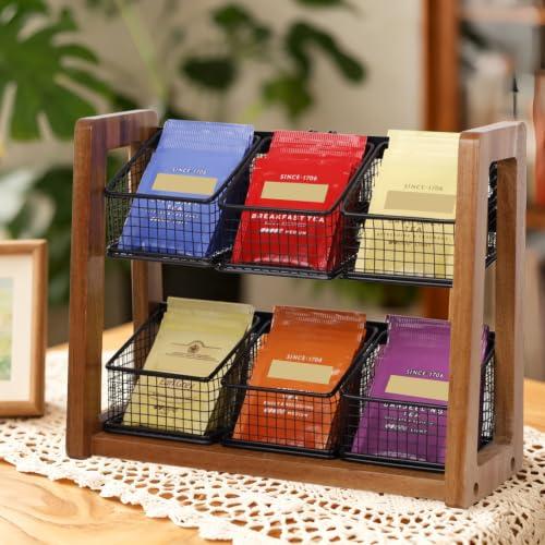HTB 2 Tier Tea Organizer for Tea Bags with 6 Removable Metal Baskets | Acacia Wood Tea Bag Holder for Sugar Packets, Sweeteners, Creamers,Tea Bag Box Caddy for Cabinet, Counter,Office Wall-mounted