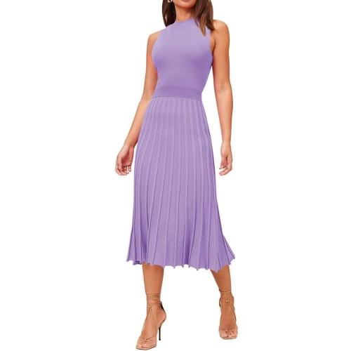 Pink Queen Women's Crew Neck Sleeveless High Waisted Bodycon Pleated Ribbed Swing Knit Midi Dresses
