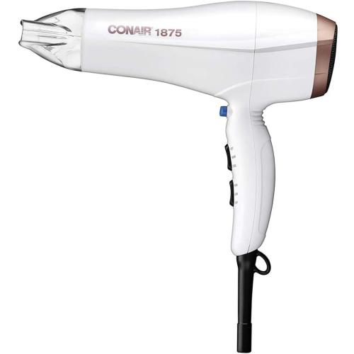 Conair Double Ceramic 1875W Hair Dryer, 3 Heat/ 2 Speed Blow Dryer, Powerful and Fast Drying, Includes Concentrator, Cool Shot Button, Removable Filter, White, Travel hair dryer