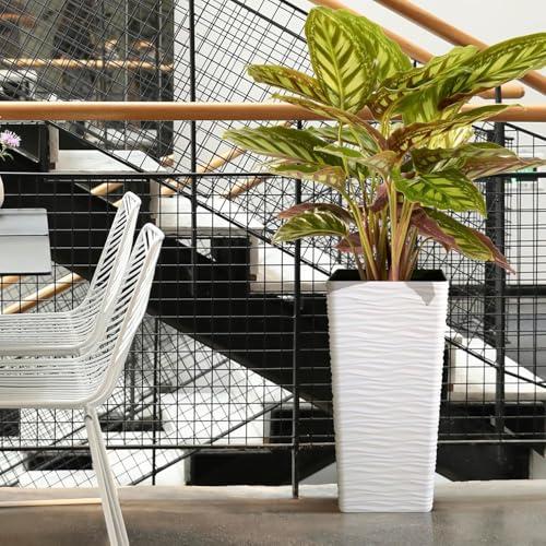 Worth Garden 22 Tall Planters Set of 2 - Plastic White Square Plant Pots - Modern Big Tapered Matte Wavy Tree Flower Pot for Indoor Outdoor Porch Deck