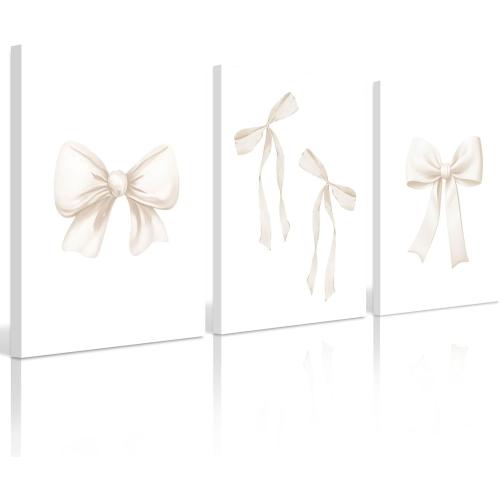 Preppy Bow Wall Art Decor Set of 3 Beige Coquette Wall Art Aesthetic Canvas Posters Trendy Girly Wall Decor Beige Bow Prints Preppy Pictures for Living Room College Apartment 16x24 Inch Ready to Hang
