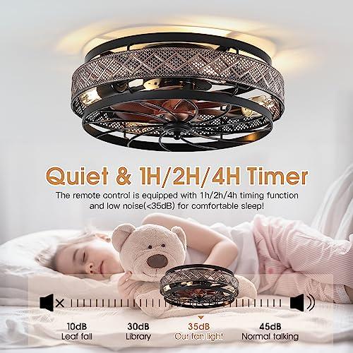 Low Profile Caged Ceiling Fans with Lights and Remote, Flush Mount Ceiling Fan with Light, Bedroom Fan, Small Industrial Black Ceiling Light Fixture, Reversible(Bulbs not Included)
