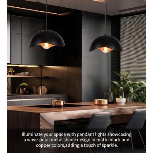 Black 11 Modern Wave Pendant Light, 11 Black and Gold Dome Shade, LED Ceiling Light Fixture with Globe Bulb, Contemporary Hanging Light for Kitchen, Dining Room, Bedroom