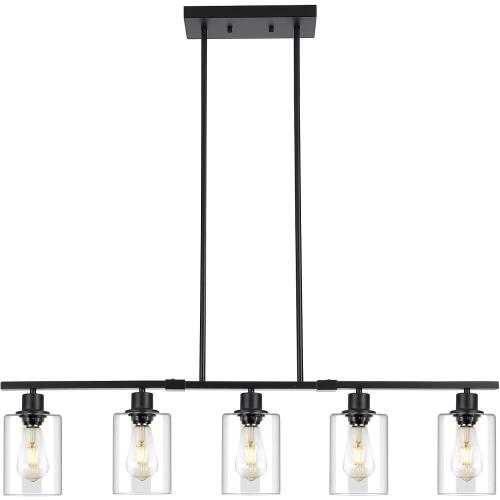 39.4 Kitchen Island Lighting, 5 Lights Clear Glass Pendant Light Fixtue, Black Linear Metal Chandelier for Dining&Living Room Foyer,Height Adjustable,E26 Socket