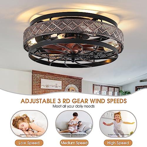 Low Profile Caged Ceiling Fans with Lights and Remote, Flush Mount Ceiling Fan with Light, Bedroom Fan, Small Industrial Black Ceiling Light Fixture, Reversible(Bulbs not Included)