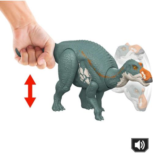 Mattel Jurassic World Rebirth Wild Roar Maiasaura Dinosaur Toy with Tail-Controlled Chomp Multi-Direction Attack & Sound, Posable & Digital Play