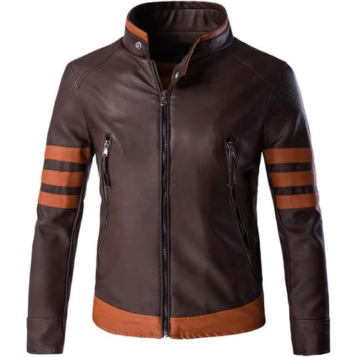 Size XXL Men's Faux Leather Jacket Brown Moto Motorcycle Bomber Punk Fashion Slim Fit Coat