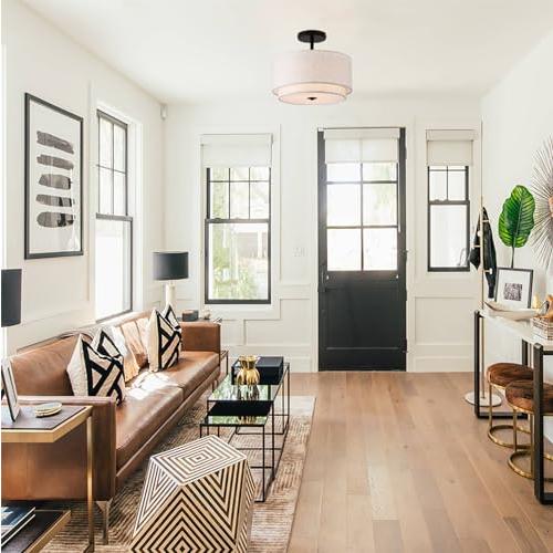 12.6inch Flush Mount Ceiling Light Fixture,3-Light Modern Close to Ceiling Light with 2-Layer Linen Fabric Shade,Farmhouse Drum Ceiling Mount Lamp for Bedroom Hallway Living Room