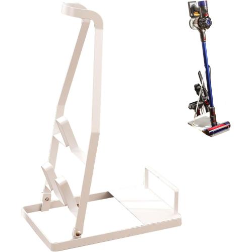 No-Drill Vacuum Cleaner Stand, Sturdy Metal Storage Rack with Large Base, Accessory Docking Station Holder, Compatible with Most Cordless Stick Vacuums, Home Organizer (White)