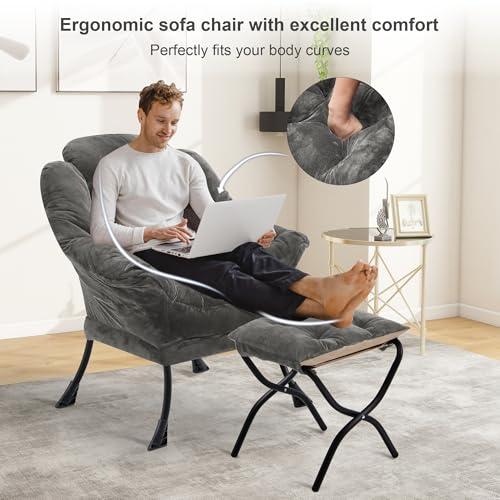 Fabric Lazy Chair with Ottoman, Oversized Upholstered Sofa Chair for Adults, Plush Comfy Lounge Chair with Large Side Storage Pocket, Reading Chair for Living Room, Bedroom, Office, Dark Gray