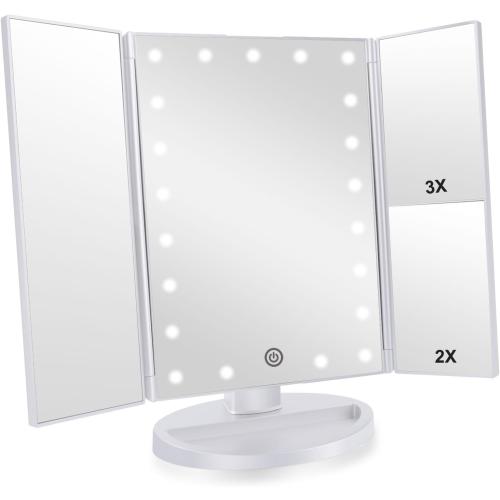 Trifold Makeup Mirror Vanity Mirror with Lights,1X 2X 3X Magnification,Touch Control,Adjustable Rotation,Dual Power Supply,Portable Travel Cosmetic Mirror,Birthday Gifts for Women,Teengirls
