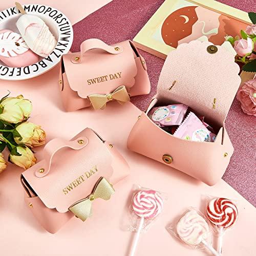 Dandat 24 Pcs PU Leather Bowknot Gift Boxes 5x3 Inch Reusable Candy Favor Bags with Handles, Elegant Mini Handbag Purse for Wedding, Birthday, Party Favors(Pink)