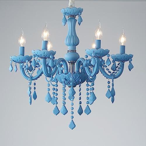 Blue Classic Crystal Chandelier, Vintage Candle Pendant Light Fixture, 6 Lights Hanging Light, Adjustable Island Lights for Bedroom Foyer in Blue