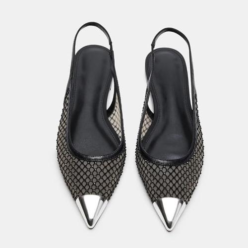 Size 7 Beauty Cry Pointed Toe Slingback Flats for Women Mesh Rhinestone Slip On Ballet Flats.