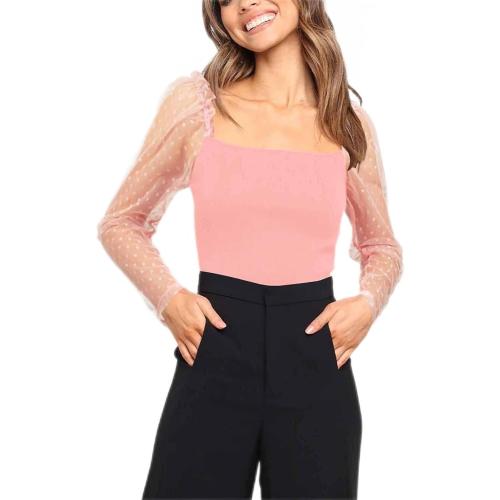 Size M Women's Fashion Lace Sleeve Temperament Slim and Versatile Soild Color Top