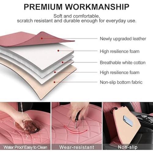 Front Car Seat Covers - Leather Seat Covers with Storage Pocket and Two Belt Pads, Anti-Slip Waterproof Universal Seat Covers for Cars Fit Cars Trucks SUV(Pink,2 Pack)