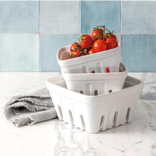 Over&Back 3-Piece Multipurpose Berry Baskets (White) - Stackable Stoneware Fruit Bowls with Integrated Colander Strainer Holes - Farmhouse Kitchen Decor, Reusable Produce Saver