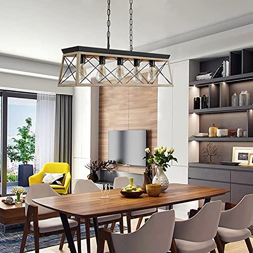 Dining Room Light Fixture,5-Light Chandelier for Island Light,Black and Oak FinishKitchen Lighting Hanging Pendant Light Kitchen Island,Industrial Island Lights for Kitchen Dining Room
