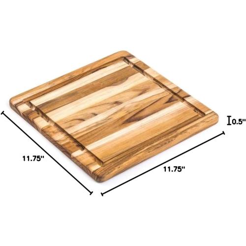Cutting Board With Juice Canal - Square Teak Wood Serving Board (12 x 12 x .55 in.) - By Teakhaus