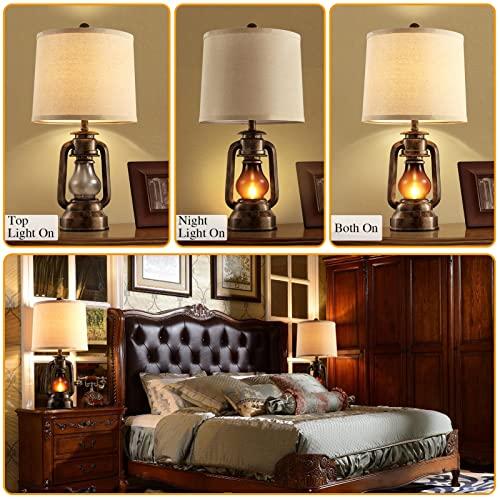 RORIANO Farmhouse Lantern Table Lamps for Living Room Set of 2, Vintage Bedroom Resin Lamp with Dual USB Charging Ports, Rustic Retro Bedside Nightstand Desk Lamp, 4 Bulb Included