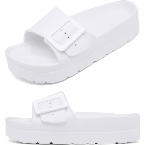 Womens Platform Sandals with Arch Support, Adjustable Buckle Beach Sandal Woman Comfort Lightweight Ultra Cushion EVA Slides size 10
