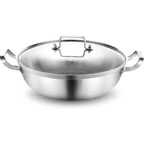Delarlo Tri-Ply Stainless Steel Hot Pot 14 inch Everyday pan With lid, Everything Pan, Durable Deep Saute Pan, 7QT Induction Cooking Pot,Woks & Stir-Fry Pans Oven Safe Stock Pot