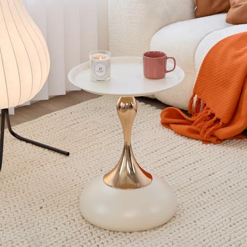 Modern Round Side Table with Gold Pedestal Base, Black Metal Top, Accent End Table for Living Room (White)