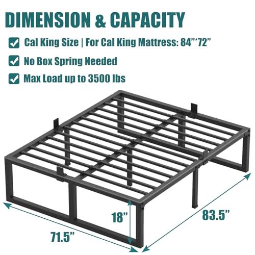 California King Bed Frame, 18 Inch High 3500 lbs Metal Platform, Mattress Foundation with Steel Slat Support/No Box Spring Needed/Noise Free/Non-Slip/Easy Assembly