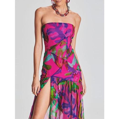 Size S Women Tube Top Dress Tiger Stripe Mesh Patchwork Maxi Dress Strapless Sexy High Slit Long Dresses Party Clubwear