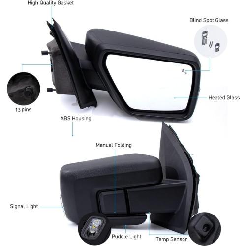 For Ford F150 2021-2024 Door Mirror with Textured Black Cover Manual Folding with Turn Signal Light Puddle Light Power Heated and Blind Spot Glass Temp Sensor 13 Pins Right Passenger Side (W/O Camera)